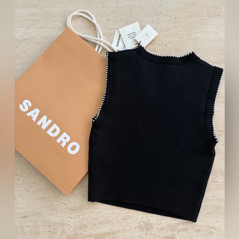 NWT Sandro Gild Faux Pearl Embellished Sleeveless Knit Tank Top Black  Sz/ 0 - Picture 11 of 12